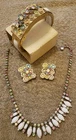 Vintage Milk Glass Multicolor Rhinestone Choker Necklace, Earrings, Bracelet Set