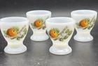 Set Of 4 Vintage Arcopal France Egg Cups Milk Glass Fruit Peach Apple Leaves