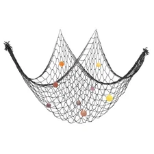 Fishing Net Decor, 80" x 60" Fish Net Decor with Sea Shells, Black