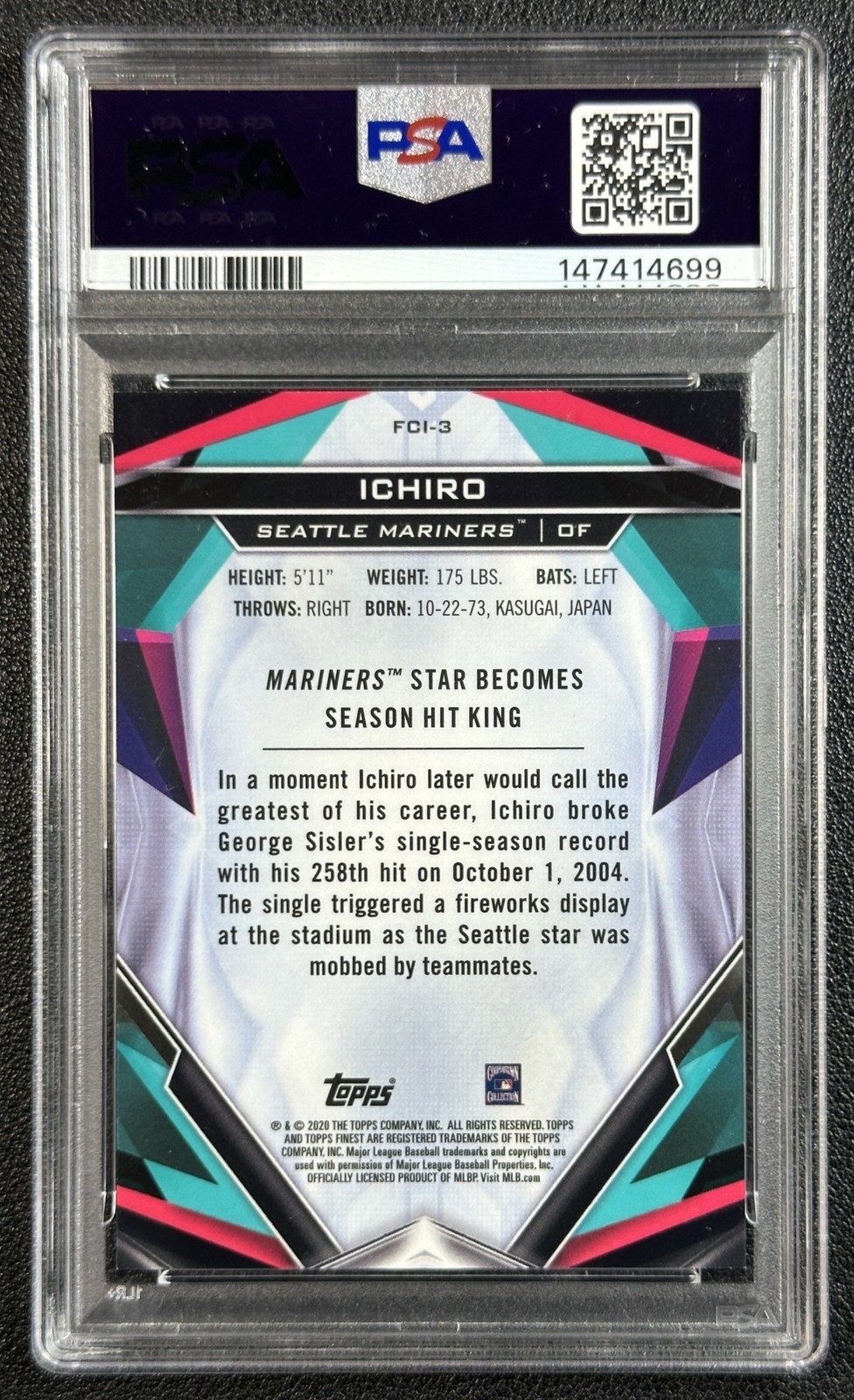 ICHIRO SUZUKI PSA 9 2020 TOPPS FINEST #FCI-3 CAREERS GOLD REFRACTOR 39/50 view 2