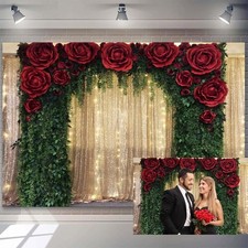 10x7 Ft Golden Glitter Photography Backdrop Red Rose Green Leaves Arch