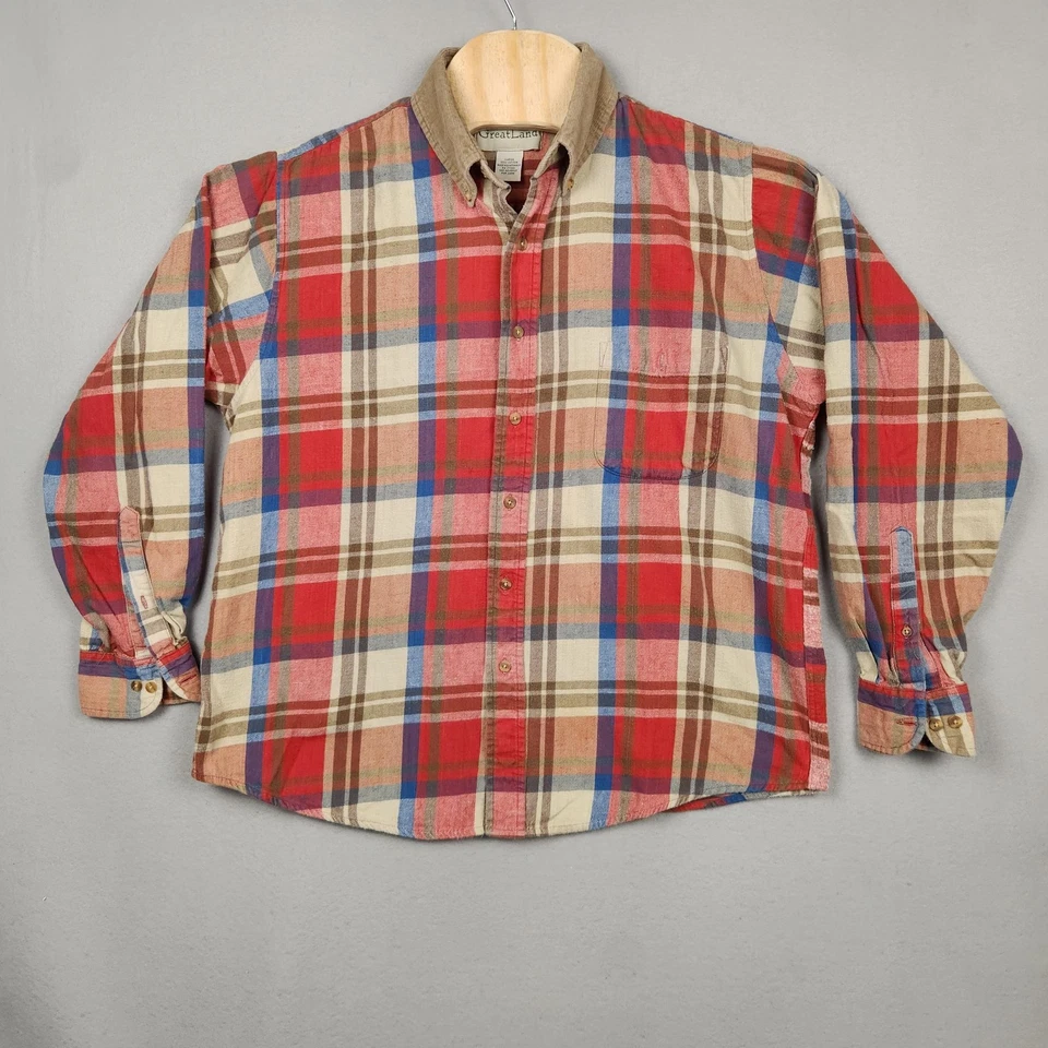GreatLand Shirt Mens Large Red Plaid Cotton Corduroy Collar Button Front Flannel - Image 2 of 4