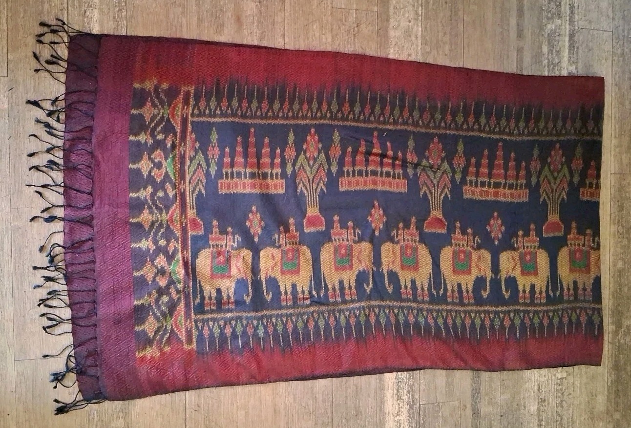 100% Silk Ikat Elephant Shawl Or Temple Banner, Purple,95" x24”