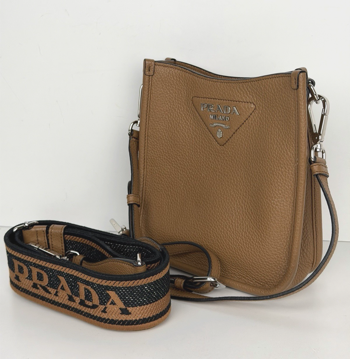 Prada Vitello Daino Soft Mini Hobo Messenger Bag in Caramel Brown