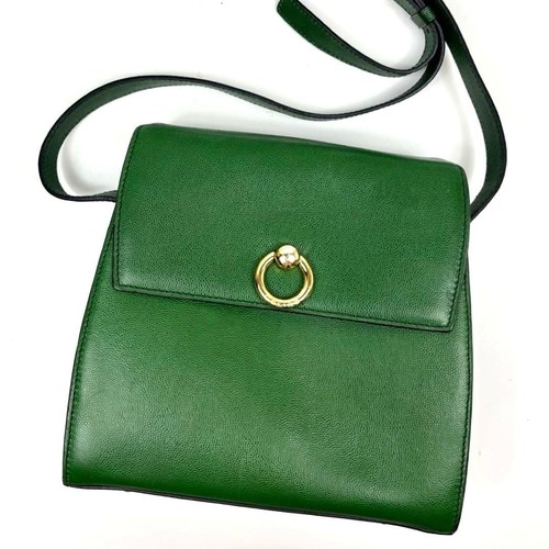 CELINE Leather Gancini Shoulder Bag Green Vintage Used Authentic