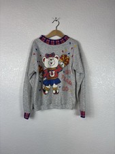 Vintage 1980s Tortoni Cheerleader Teddy Bear Sweater Plaid Girls Small