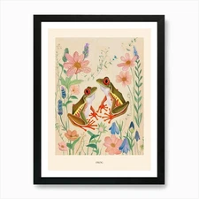Folksy Floral Animal Drawing Frog P Framed Wall Art Poster Canvas Print Picture