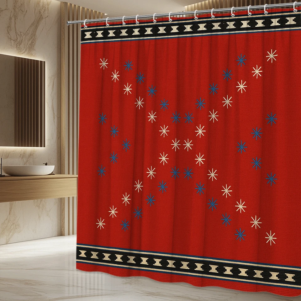 Red Embroidered Shower Curtain with Blue and Cream Stars - Image 4 of 4