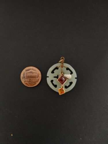 Vintage Pendant carved green jade fresh water pearl wire wrap garnet citrine - Picture 3 of 8