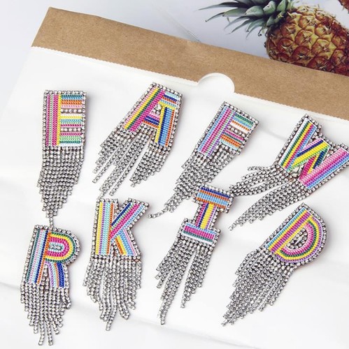 Initial Brooch Patch Applique A-Z Letter Embroidered Beaded Tassel Name Patches - Picture 2 of 11