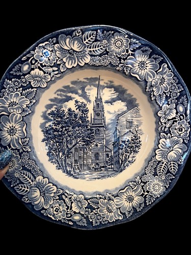 Liberty Blue Staffordshire Set Of 2 Old North Church Rimmed Soup Bowls NEW! - Picture 3 of 7