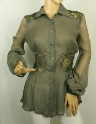 Roberta Scarpa Women's Gray Silk Lace trim Blouse Retail $750 Made In Italy