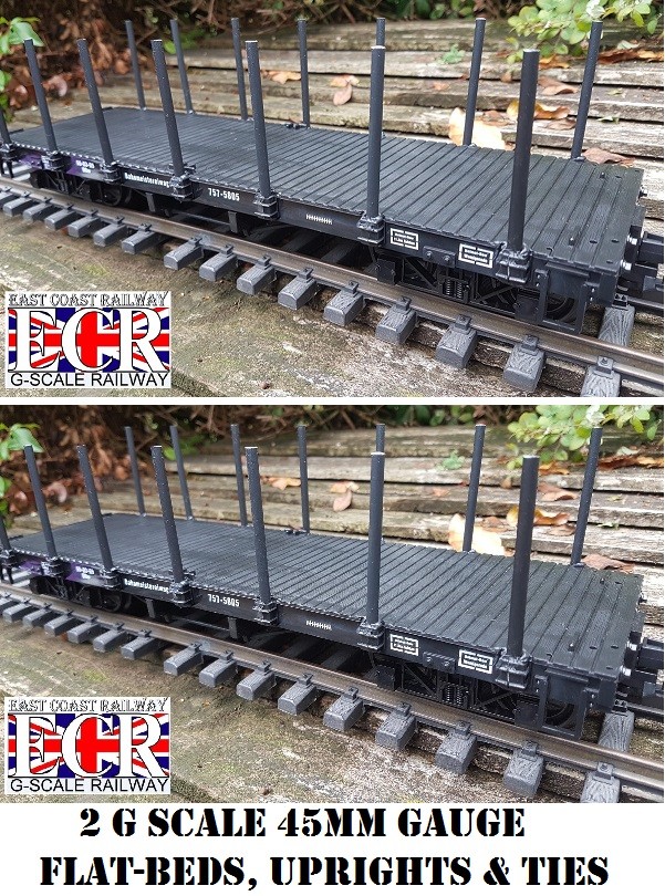 2, YES TWO G SCALE FLATBED TRUCK, POSTS & STRAPPING RAILWAY FREIGHT