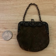 Antique Wristlet Chatelaine Purse Coin Bag Suede Vintage Rare Intricate Metal