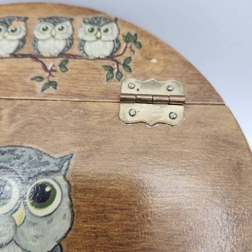 Vintage 70's Owl Lidded Wooden Basket Bucket Bag Purse Hinge Top Leather Strap - Bild 12 von 17