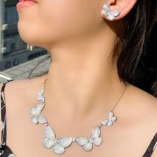 Women Shiny Silver Plated Cubic Zirconia Big Butterfly Wedding Party Jewelry Set