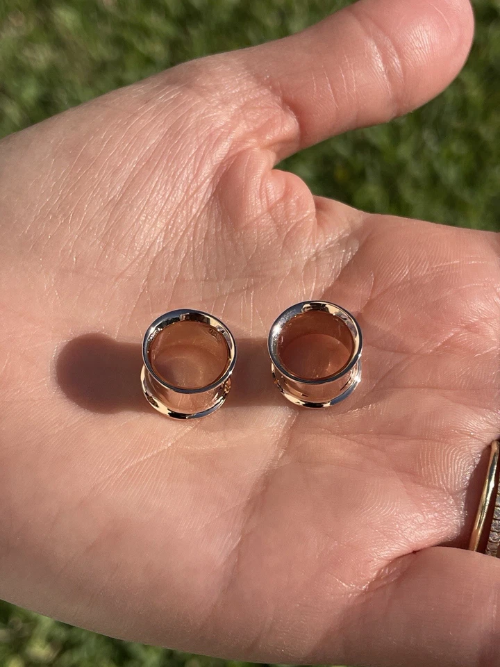 Ear Tunnels 14K Solid Gold Ear Gauges Double Flare Ear Plugs - Image 2 of 4