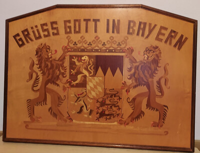 Intarsie Wappen Bayern mit Grußformel, echte zeitaufwendige Handarbeit, 84 x 62
