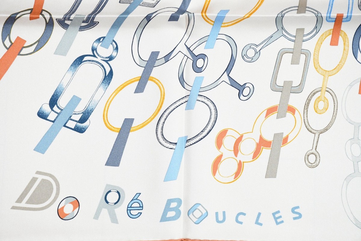 Hermes Scarf Do Re Boucles 90 cm silk white Carre buckle chain 35