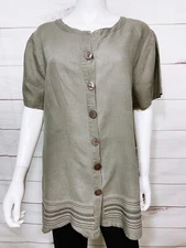 Avenue Womens Blouse Size 14/16 Gray Button Up Short Sleeve Linen & Rayon Top