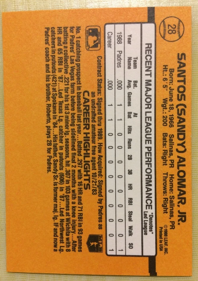 1989 Donruss Sandy Alomar младший дебютант (RC) #28 синий принт кровотечение, сломанная черная линия - Изображение 2 из 2