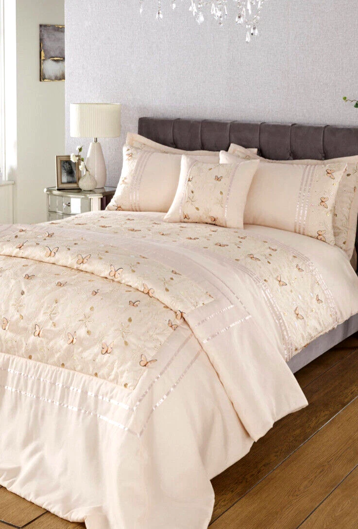 New 3D Butterfly Full Bed Set 5 Piece Duvet Bedspread Champagne King Size