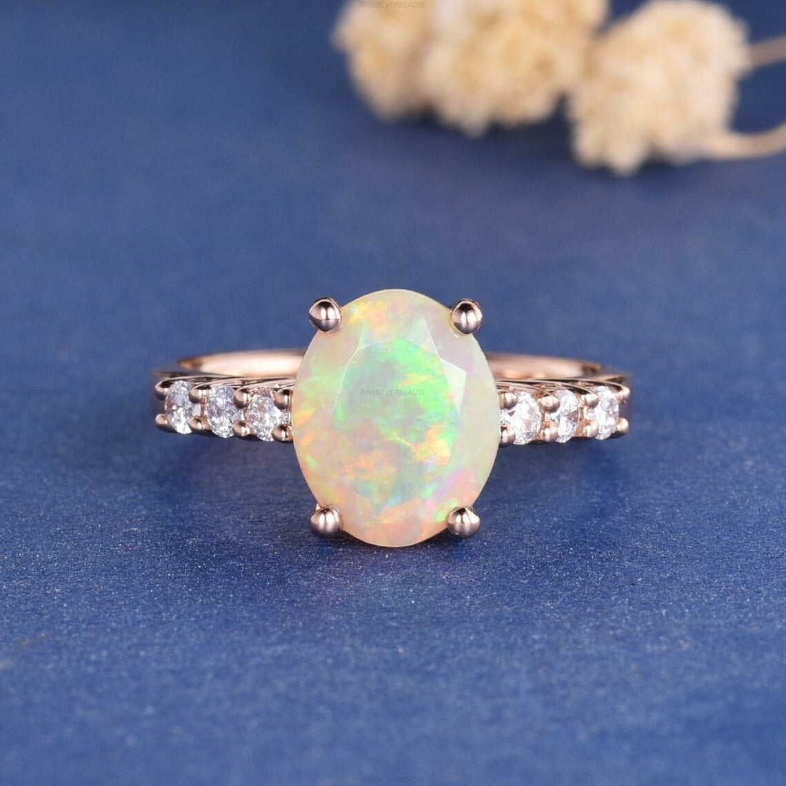 14k Rose Gold Natural Opalite Diamond Wedding Band for Women and Girls-image