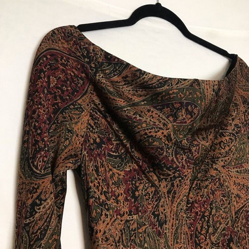 VTG Lauren Ralph Lauren Fairy Silk Paisley Bell Sleeve Dress Small Brown Forest - Picture 11 of 16
