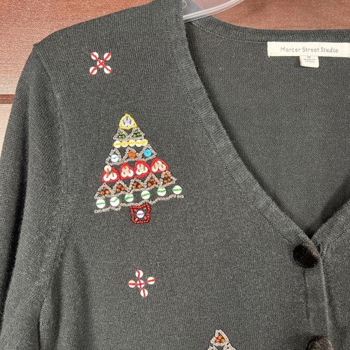 Mercer Street Studio Medium Cardigan Sweater Beaded Christmas Trees Holiday - Picture 4 of 16