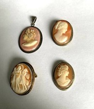 A Lot Of 3 Shell Cameos And 1 Of Different Material Pendants Or Brooch