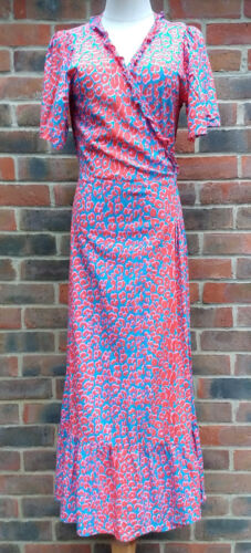 Next UK 12 Leopard Print Midaxi Wrap Dress Tie Waist Ruffle Red Neon Pink Blue - Afbeelding 1 van 6