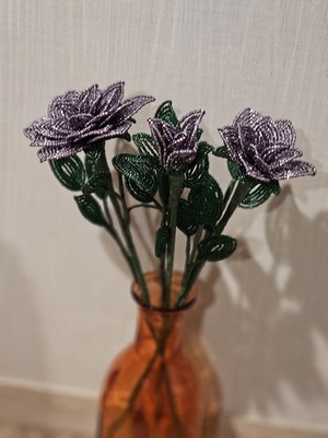 Purple French Beaded Roses   Set of 3 Handmade Glass Bead Flowers   Long Stem