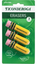 TICONDEROGA Erasers, Pencil Shaped, Latex-Free, Yellow, 3-Pack 38953 