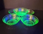 Green Depression Uranium Glass Berry Dessert Bowl 4.25”d Set Of 5 Glows VTG