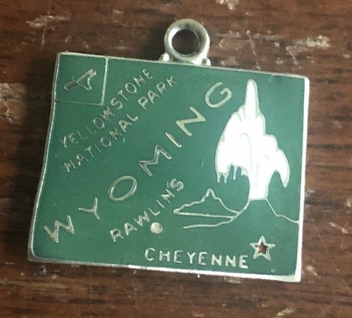 Vintage Wyoming Sterlingsilber grüne Emaille Gleichheit Staat Karte Charm von Wells