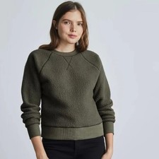 Everlane ReNew Teddy Crewneck Sweatshirt Women Small Olive Green Fleece Pullover