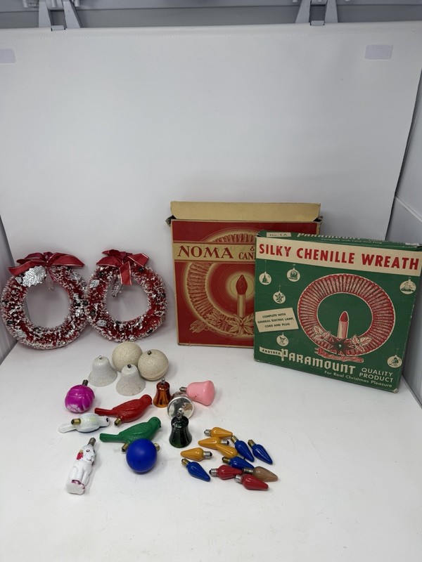 Vintage 1960s Christmas Decor Lot Lights Ornaments Bottle Brush Wreaths Retro 