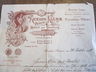 Beurteilung: Richard Klemm Porzellan Malerei Dresden für einen Mitarbeiter 1910