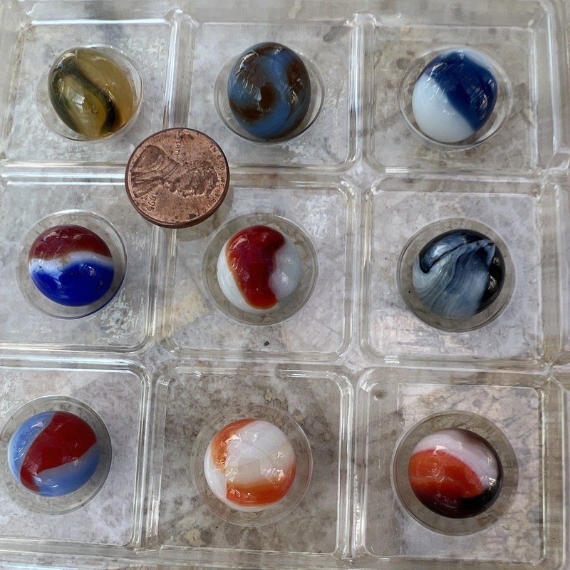 Vintage Glass Marbles Lot of 9 w/ Plastic Tray, Machine Made Ages 4+ used