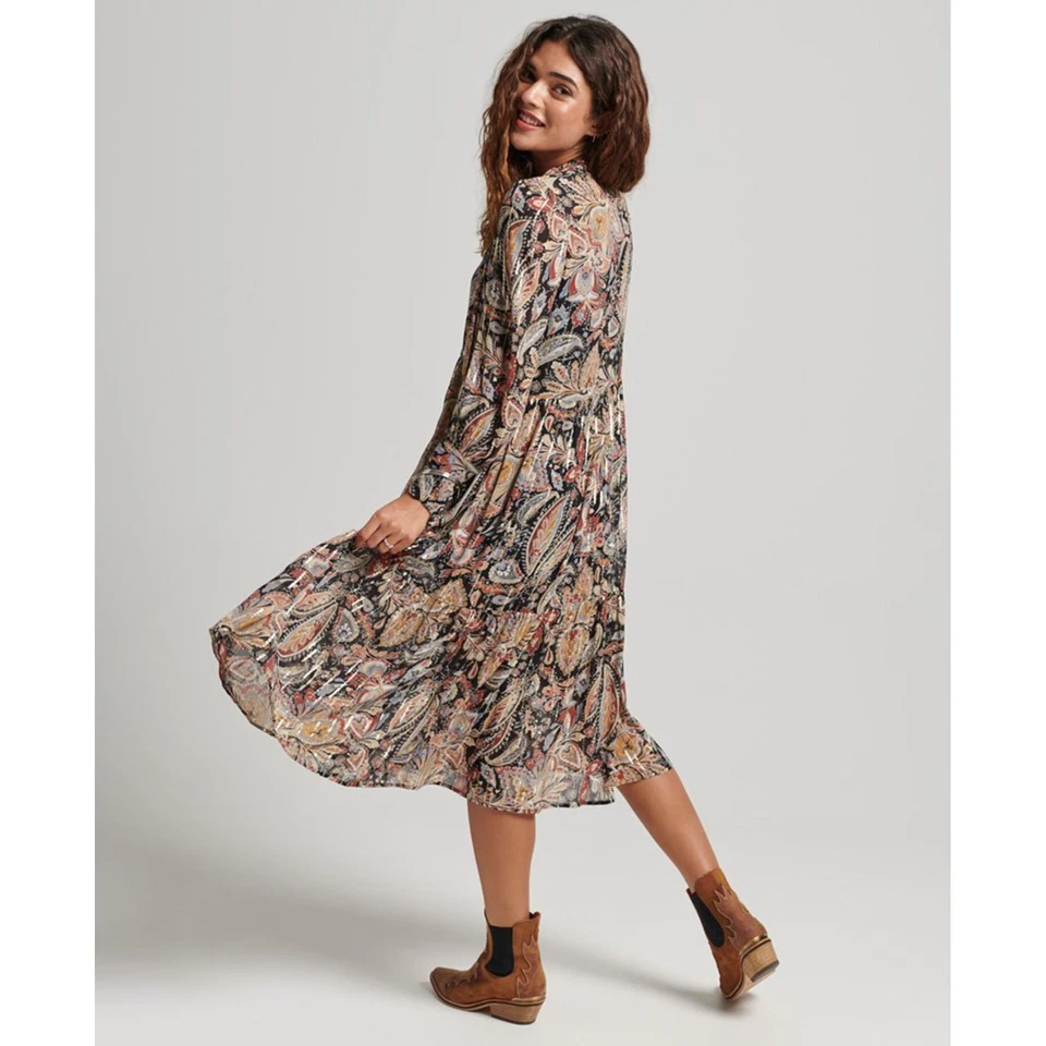 Superdry Vestido Dorado Negro Marrón Metálico UK 12 Midi Manga Larga Cuello Atado Acampanado Foto 2 de 4