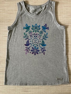 Life is Good Womens Tank Top, Gray Flowers Birds Folk, Sz Medium, NWOT