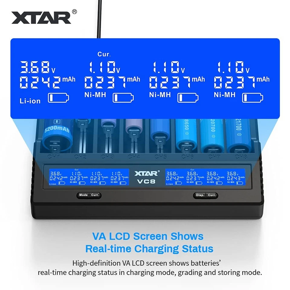 Cargador de batería 8 Bay18650, XTAR VC8 (VC4+VC4S) USB C 21700 carga rápida inteligente... Foto 4 de 4