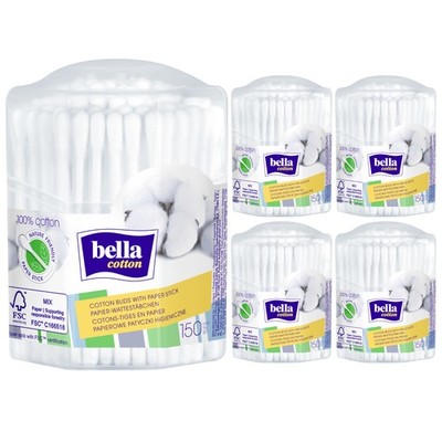 bella cotton Wattestäbchen mit Papierschaft in achteckiger Box (5 x 150 Stück)
