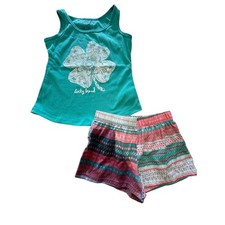 Lucky Brand Girls Pajama Set Size 7 Two-Piece Tank Top  Shorts Teal Pink