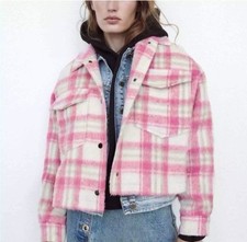 Zara giacca donna cropped rosa a quadri spessa shacket taglia XS
