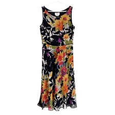 Vintage 90s Y2K Silk Floral Midi Dress Talbots Watercolor Art to Wear Artsy