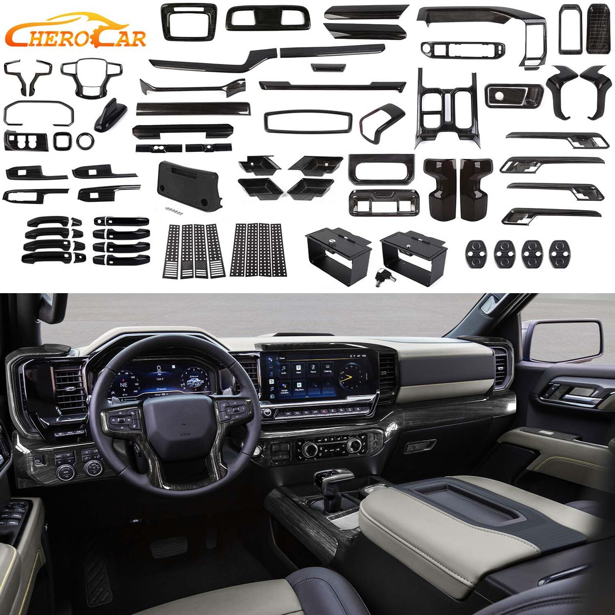 Interior Decor Cover Trim Accessories Full Kit For Chevy Silverado 22+Black Wood