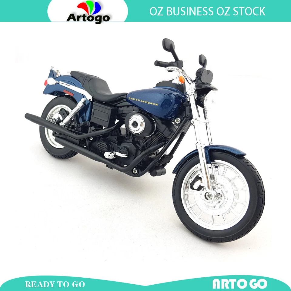 Bicicleta modelo Harley Davidson Dyna Super Glide Sport azul escala 1:12 2004 con licencia Foto 2 de 4