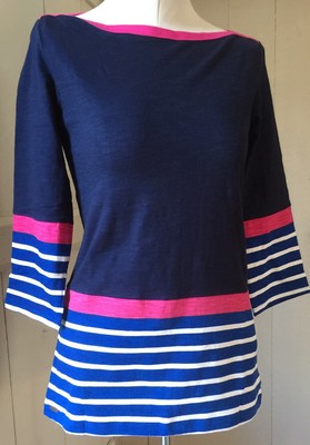 Hatley Breton Top Navy Striped Hot Pink Trim sz S