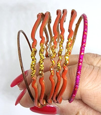 Lot of 7 Children Small Bangle Bracelets: 5 x Orange Gold, 1 x Pink 1 x Copper